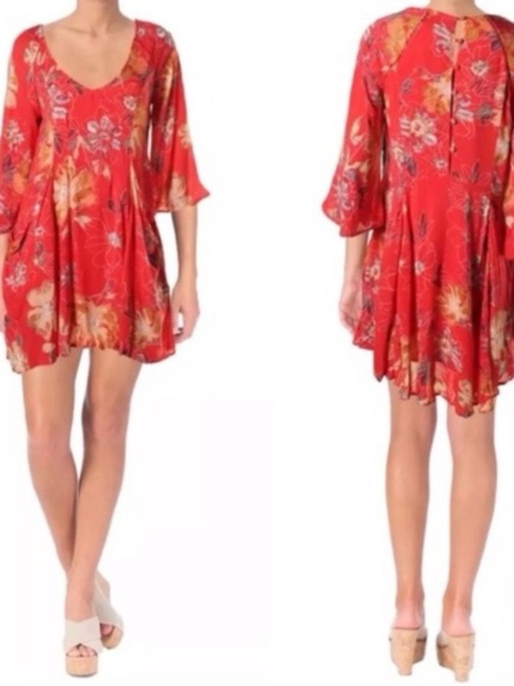 Free People “All Eyes on You” Red Floral Swing Mini Dress